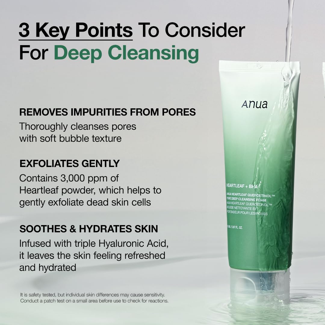 ANUA Heartleaf Quercetinol Pore Deep Cleansing Foam, Facial Cleanser, for Double Cleansing, BHA, Hyaluronic Acid, Glycerin, Face Wash, Blackhead Remover,...
