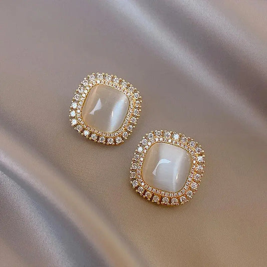 KOREAN - LUXURY SQUARE OPAL STUD EARRINGS - EXQUISITE ZIRCON GEOMETRIC