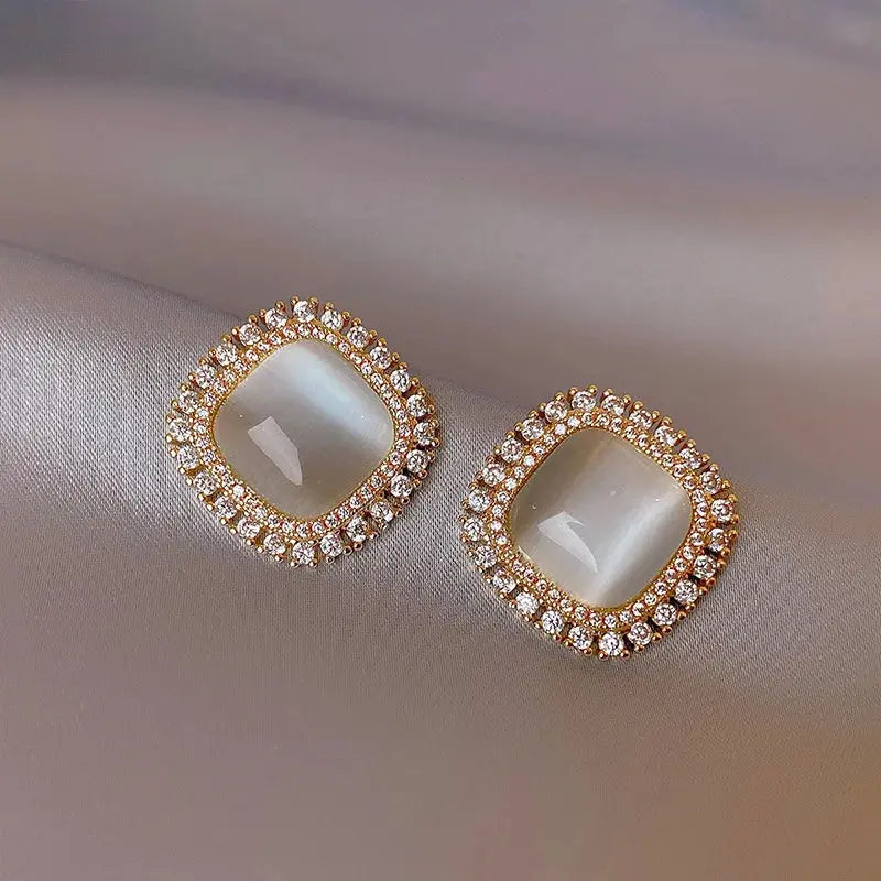 KOREAN - LUXURY SQUARE OPAL STUD EARRINGS - EXQUISITE ZIRCON GEOMETRIC