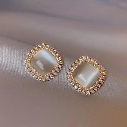 KOREAN - LUXURY SQUARE OPAL STUD EARRINGS - EXQUISITE ZIRCON GEOMETRIC