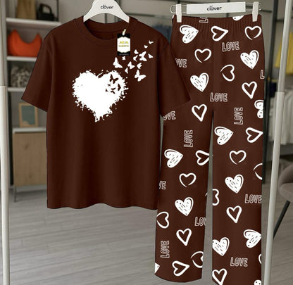 Brown Printed Nightwear Set With Love Heart Printed Trousers – Women's Lounge Wear
