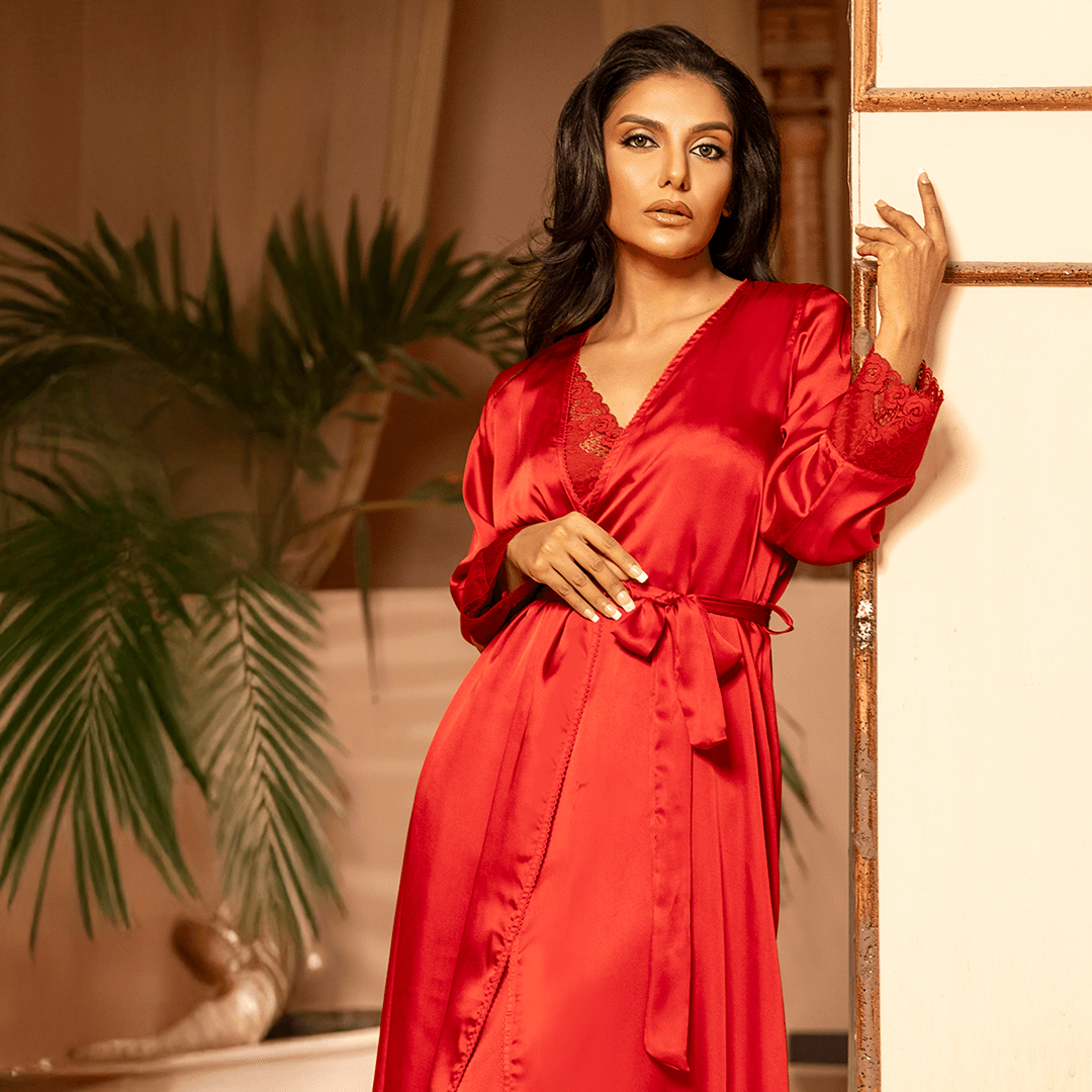 Nighty and Gown Set 724 - Silky Nighty Dress (Red and Navy Blue)